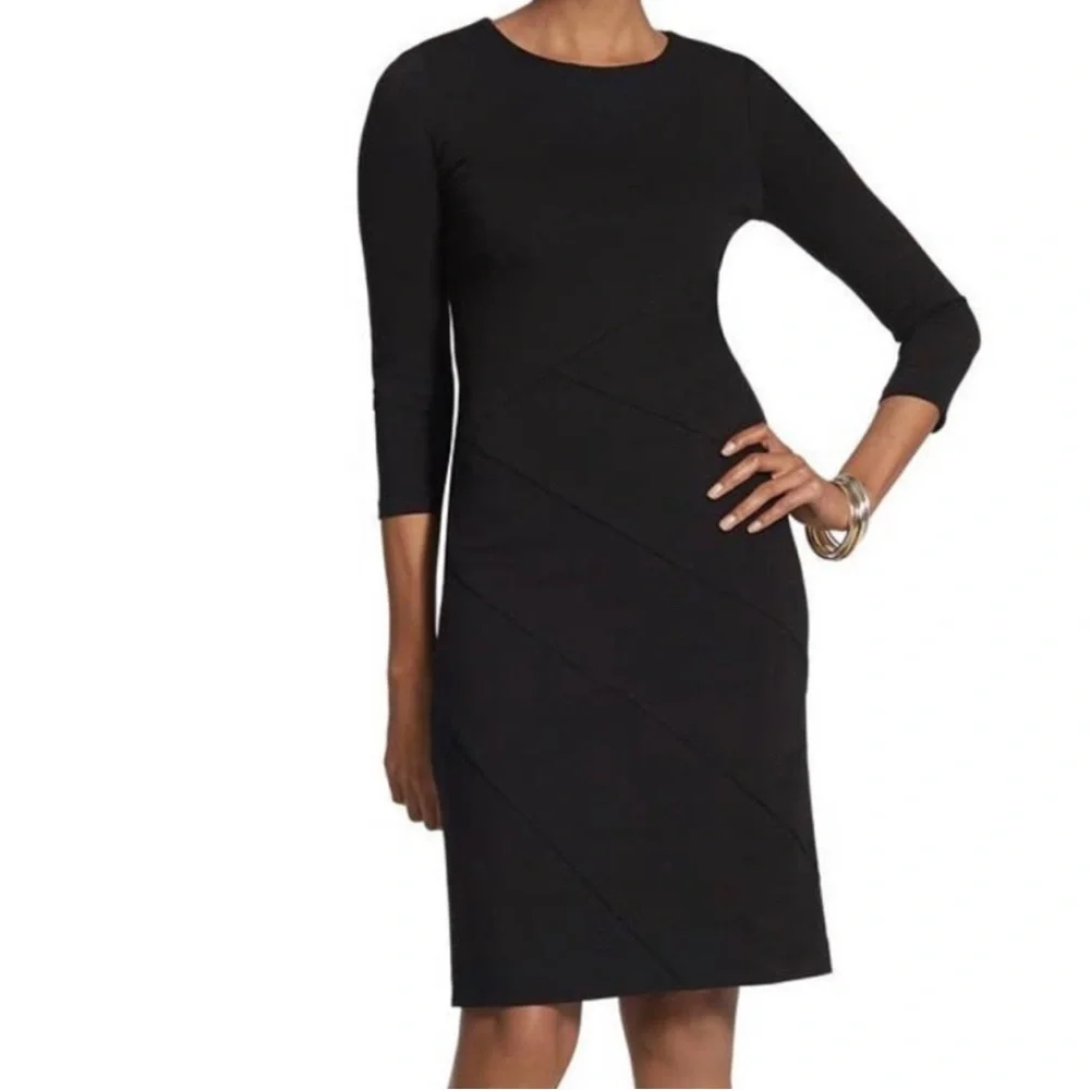 Chico's Dress Angle-Seamed Wendi Mini Knee Length Black Ponte Knit EUC Size 1.5 - Picture 1 of 8